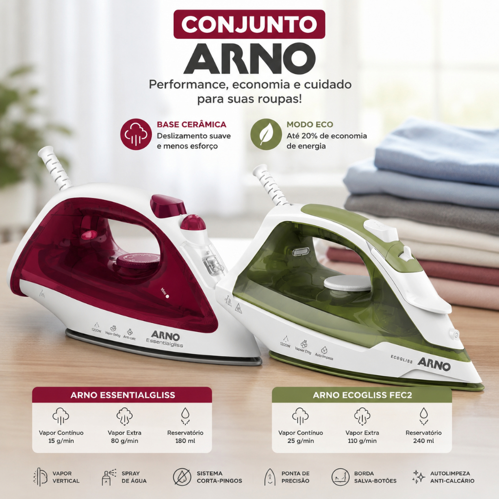 Ferro a Vapor Arno Ecogliss 127V Base Cerâmica Modo Eco Vapor Vertical 1200W