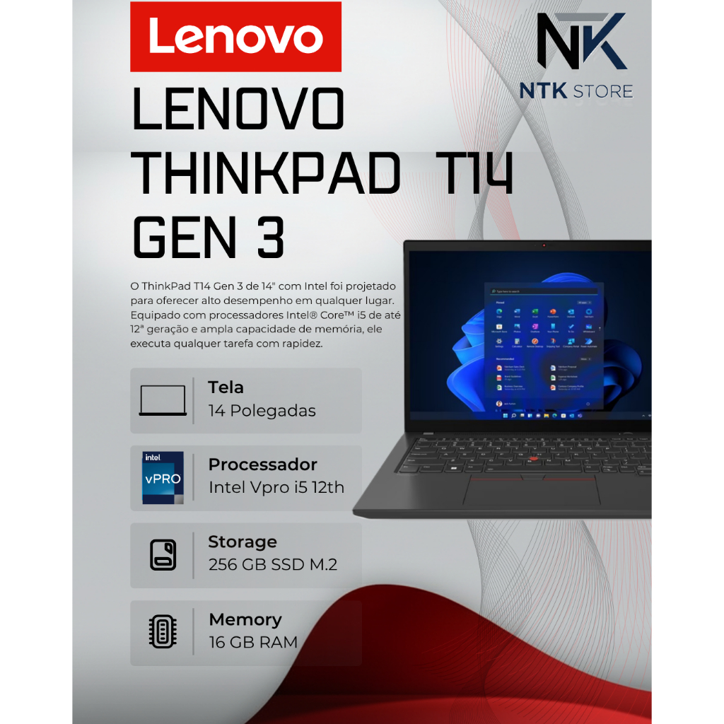 Notebook Lenovo ThinkPad T14 Gen3 Intel Vpro i5 12th /16gb ram / 256gb ssd /Tela 14"FHD