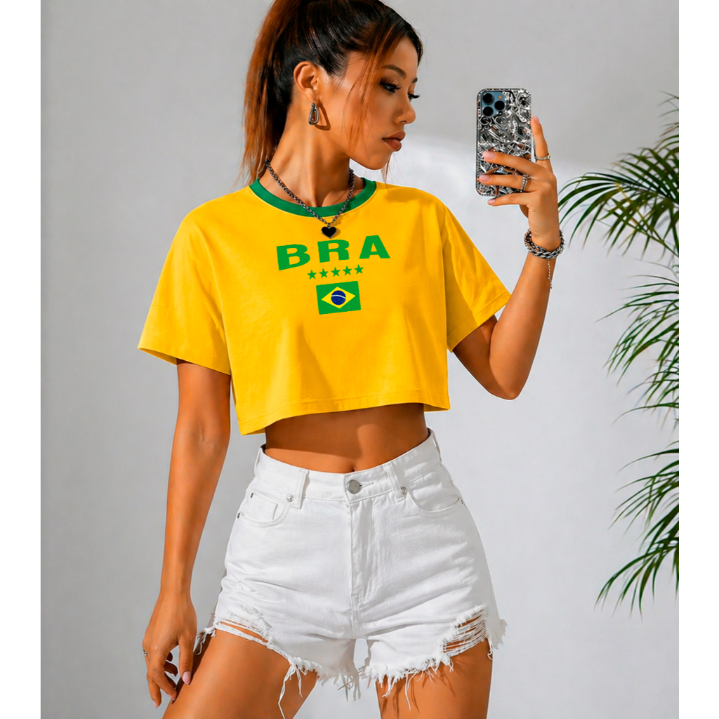 Cropped Feminino Brasil Amarelo Estilo Seleção Brasileira 100% Algodão Premium