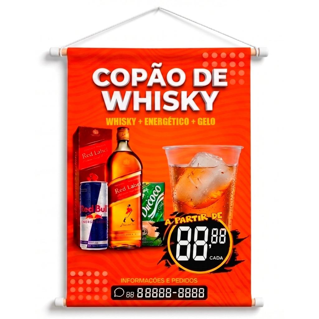 Banner Copão de 10 Whisky, Copão de Whisky, Energético e Gelo de Coco diversos tamanhos colorido para Adegas, Bares, etc