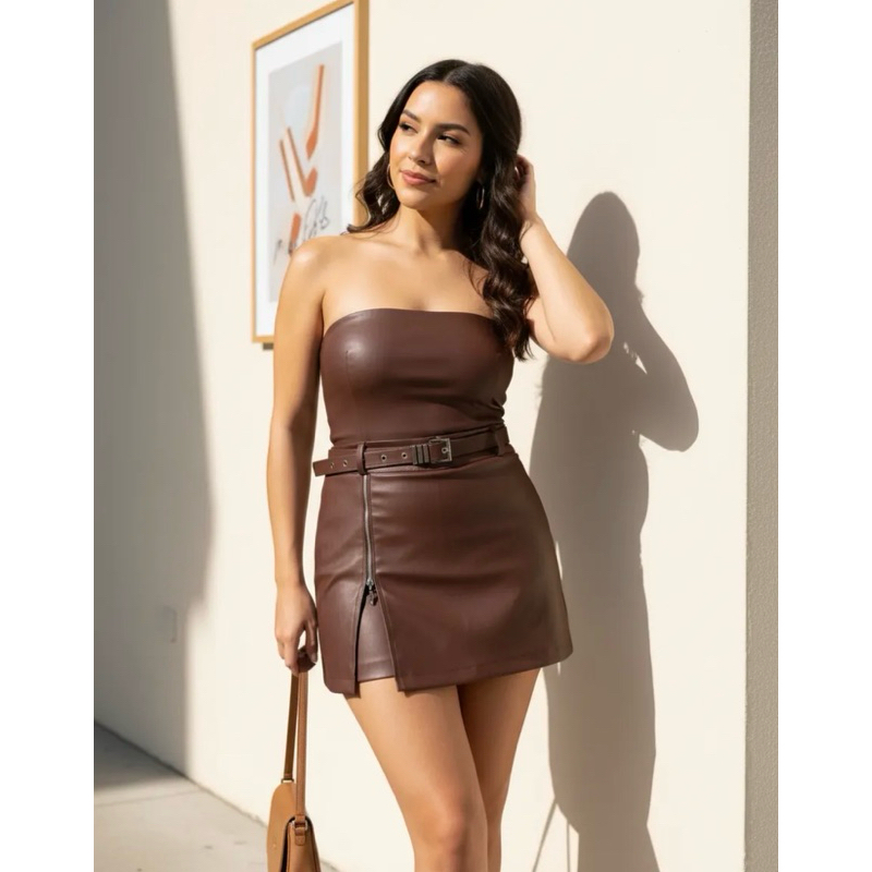 Shorts Saia Couro Feminino Com Cinto Moda Outono Inverno Country Elegante