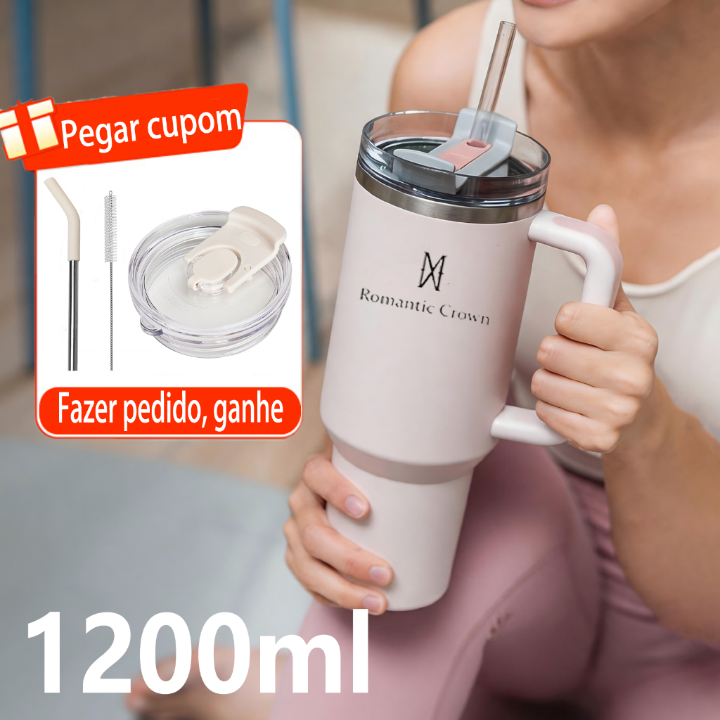 Romantic Crown Copo Térmico Inox Portátil 1200ml/1.2L com Tampa e Canudo Garrafa Térmica Inoxidável