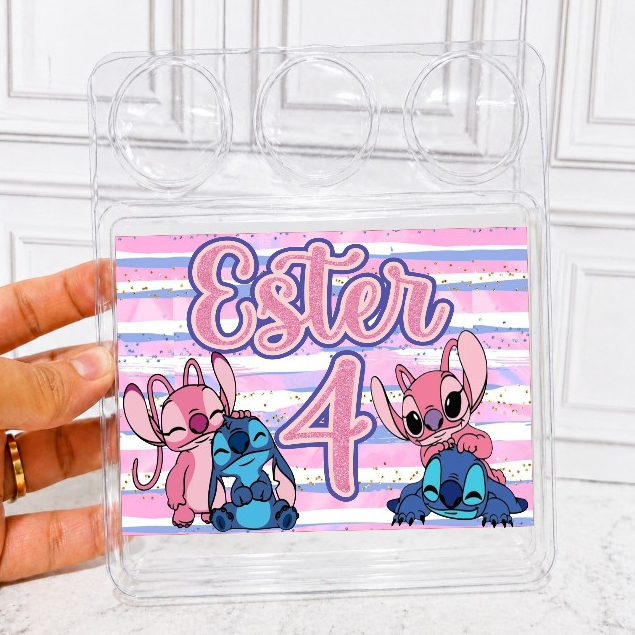 (JÁ CORTADOS)Rótulos adesivo para marmitinha STITCH E ANGEL / Marmitinha bolo e três docinhos
