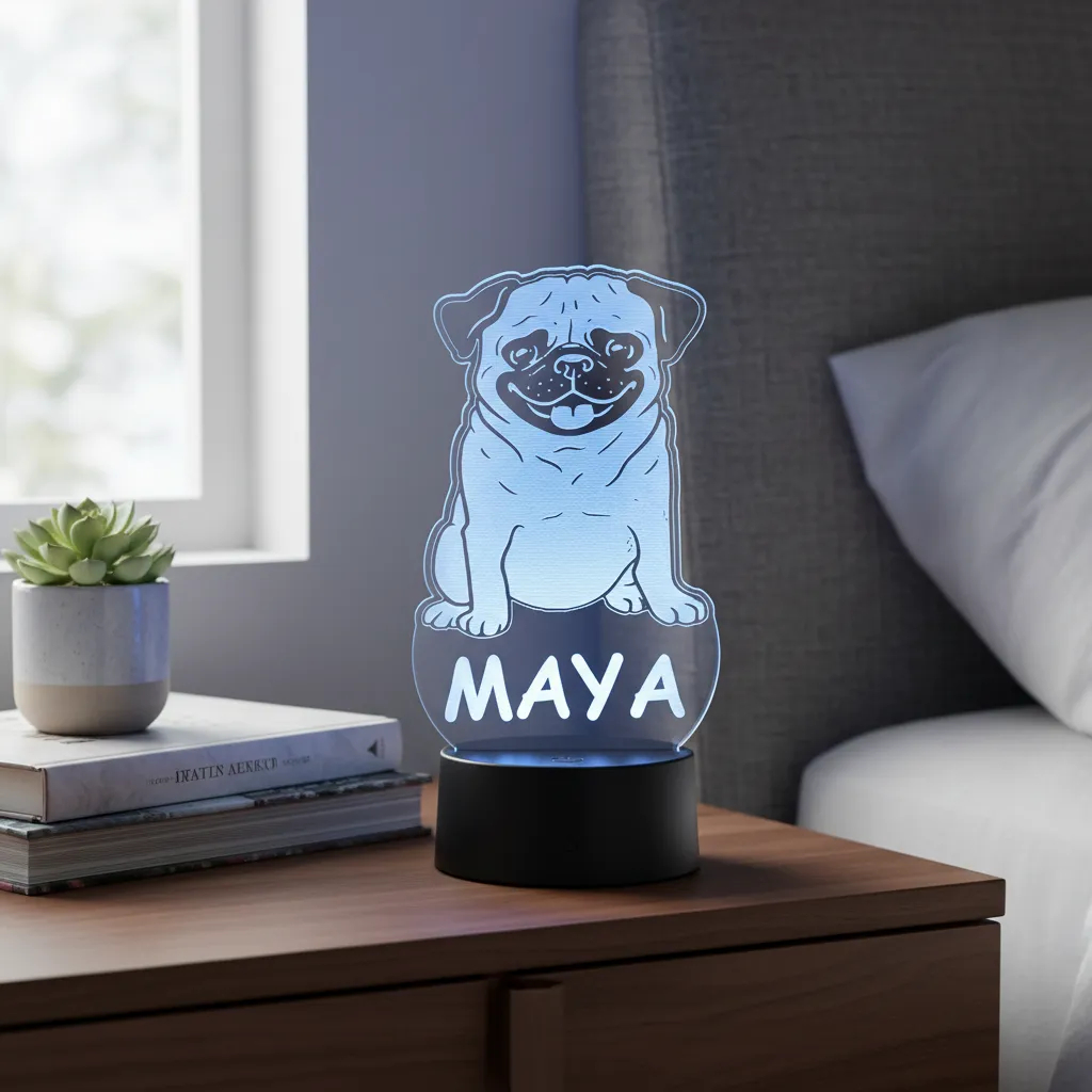 Luminaria cãozinho raça pug personalizada para quarto  em acrilico de 3mm com base de led RGB