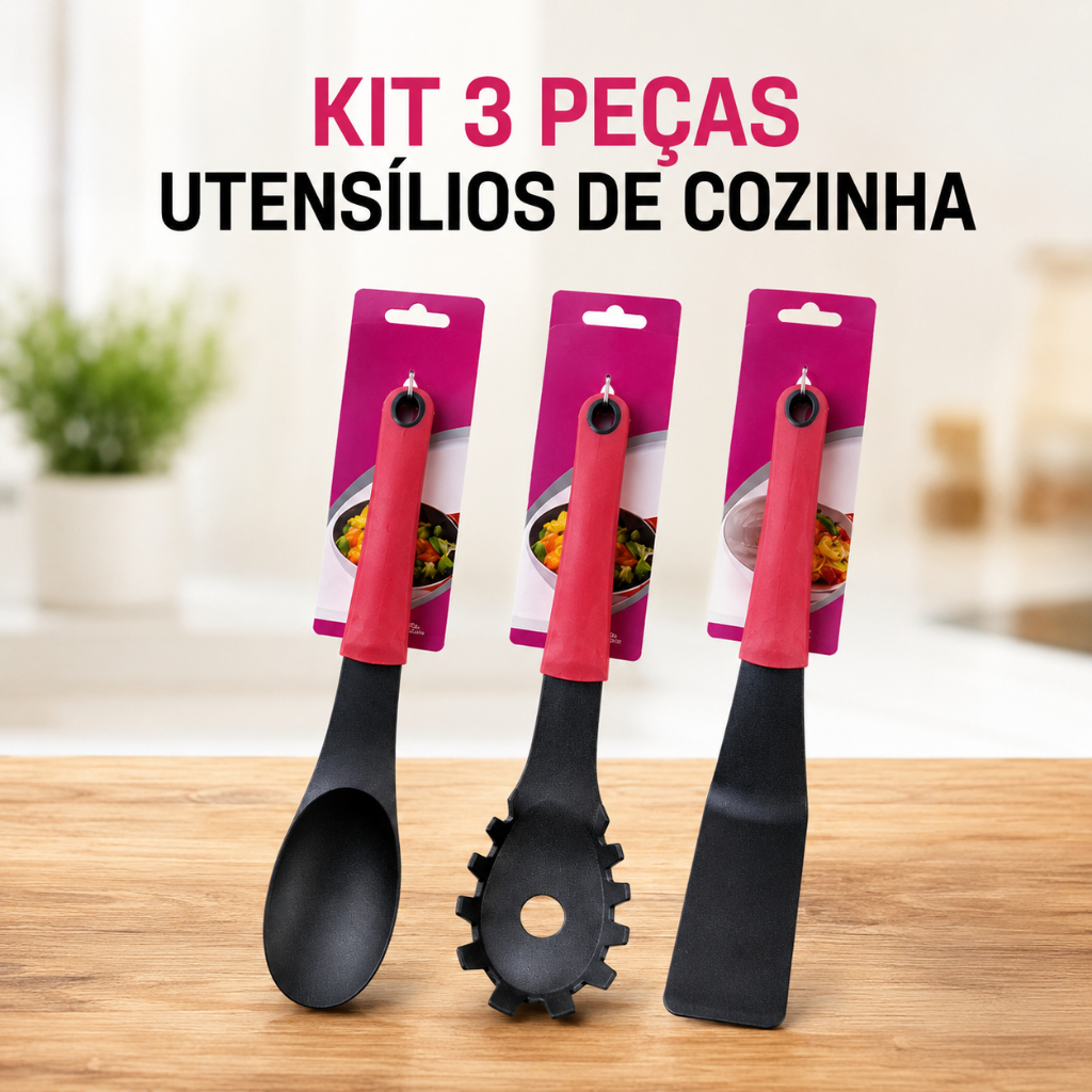 KIT 3 Utensílios de Cozinha NYLON CHEF Pegador de Espaguete /Colher/ Espátula Raspadora de plástico