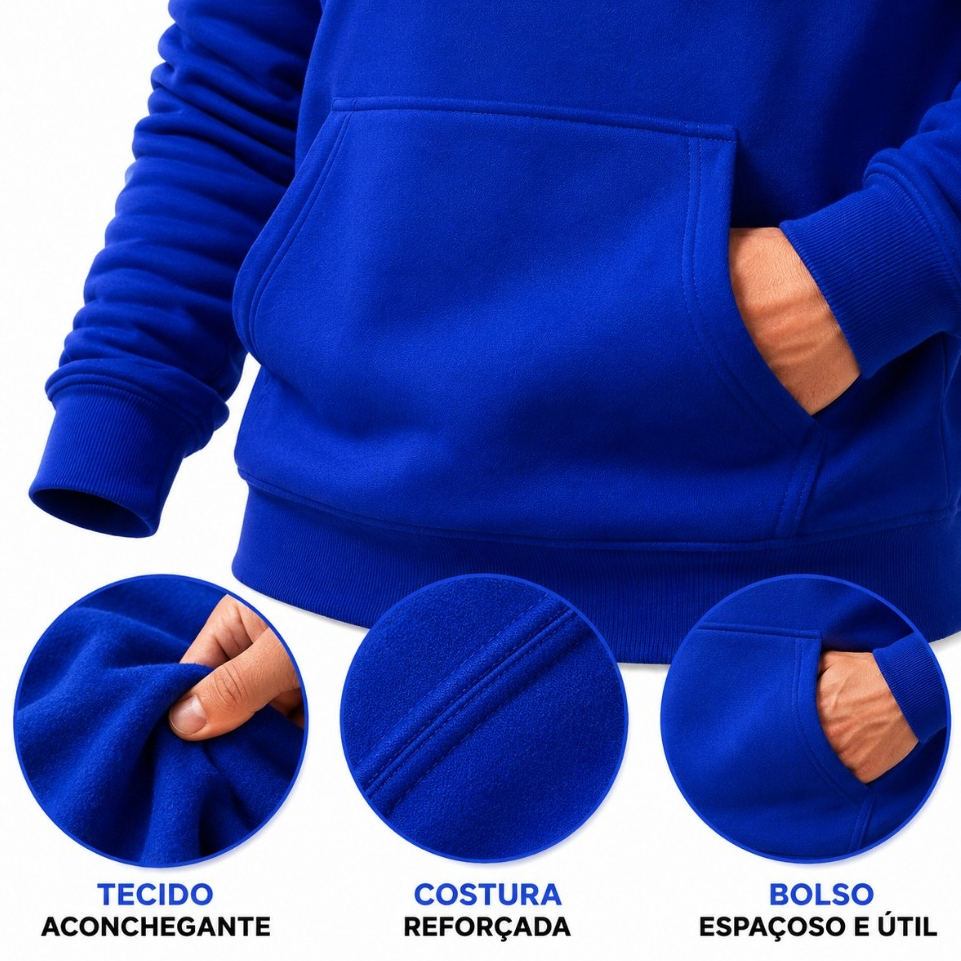 Moletom Canguru Quentinho Premium, Azul ROYAL Grosso Flanelado Inverno Unissex Capuz Cordão Estilo — imagem 2 de 2