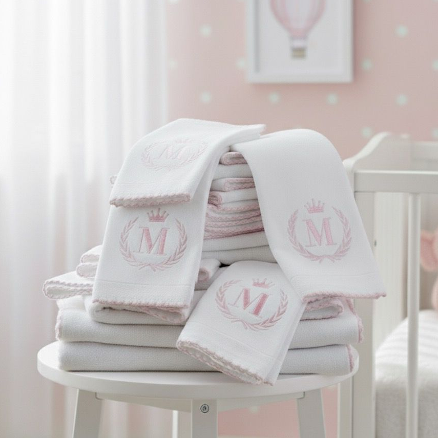 Kit 10 Fraldas Bordadas Personalizadas Inicial Do Bebe 5 Ombro + 5 Boca 100% Algodão