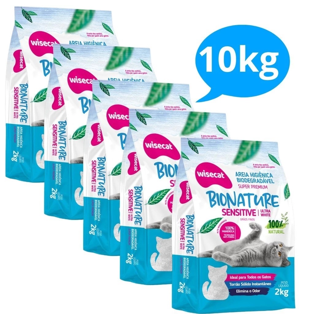Areia Higiênica Wisecat Bionature Azul fina Kit 10kg 5Pats de 2Kg Super Premium
