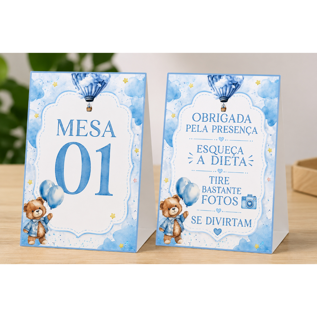 🐻 Plaquinha de Mesa Ursinho Baloeiro Azul – Decoração Festa / Chá de Bebê - Impressão de Alta Qualidade, 14x9,5cm