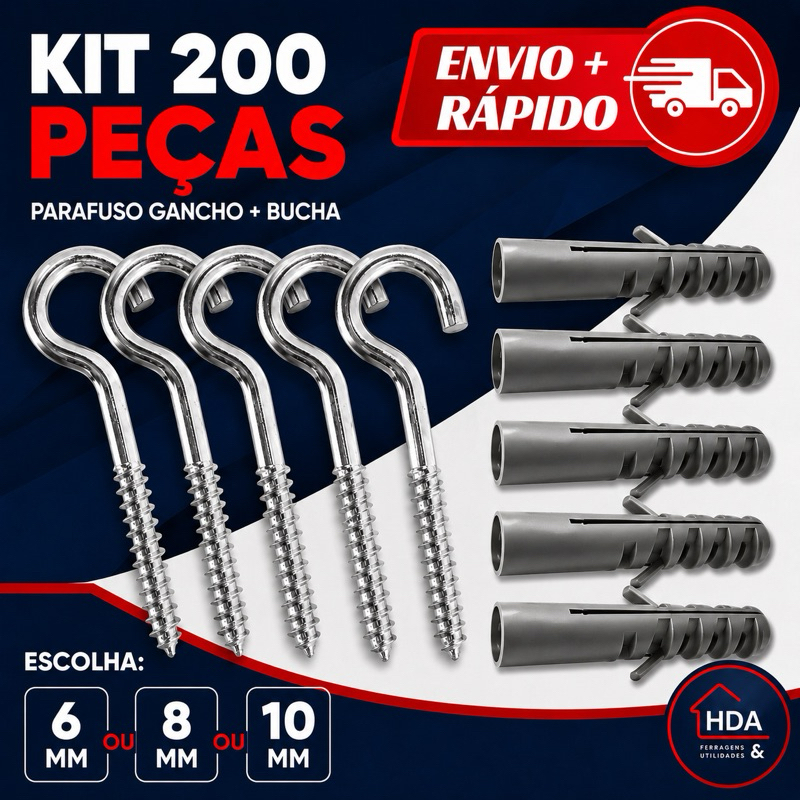 Kit de Gancho e Bucha para Fixação de 6, 8 ou 10 mm - 200 ou 100 Peças - São Raphael