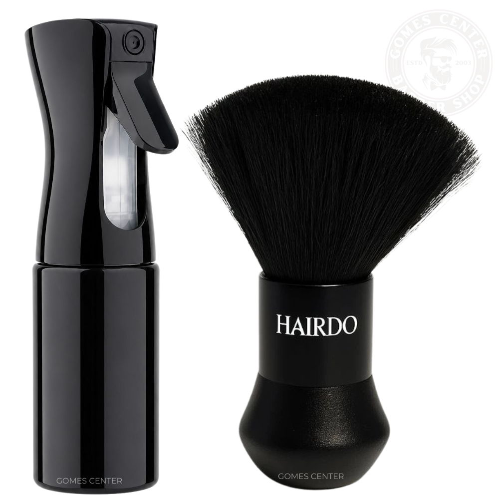 Kit Borrifador Spray Névoa Contínua 200ml + Espanador Bolinha Profissional Barbeiro Cerdas Macias