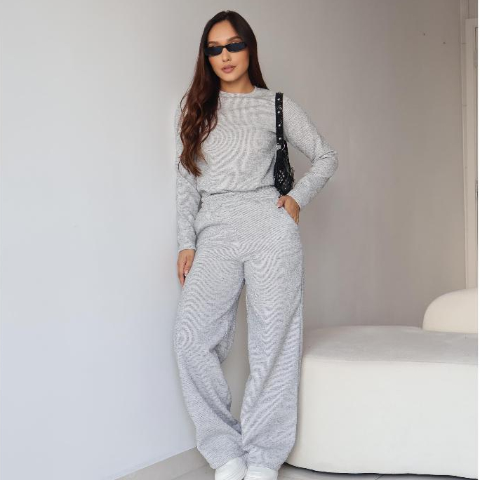 Conjunto Feminino Inverno Confortável Malha Riby Premium Look Casual Elegante Manga Longa Calça Solta Com Bolso