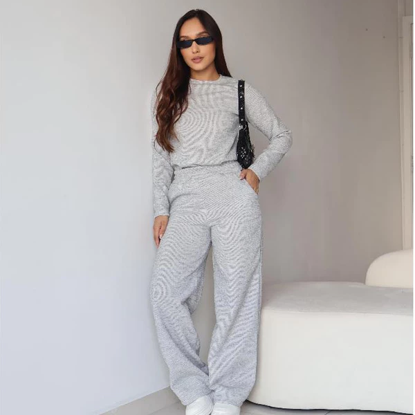 Conjunto Feminino Inverno Confortável Malha Riby Premium Look Casual Elegante Manga Longa Calça Solta Com Bolso