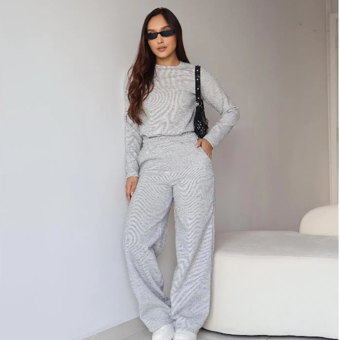 Conjunto Feminino Inverno Confortável Malha Riby Premium Look Casual Elegante Manga Longa Calça Solta Com Bolso