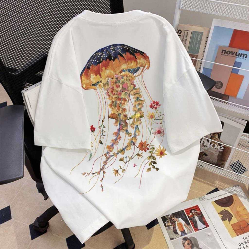 Camiseta Unissex Branca Oversize Estampa Água-viva Florida Arte Algodão