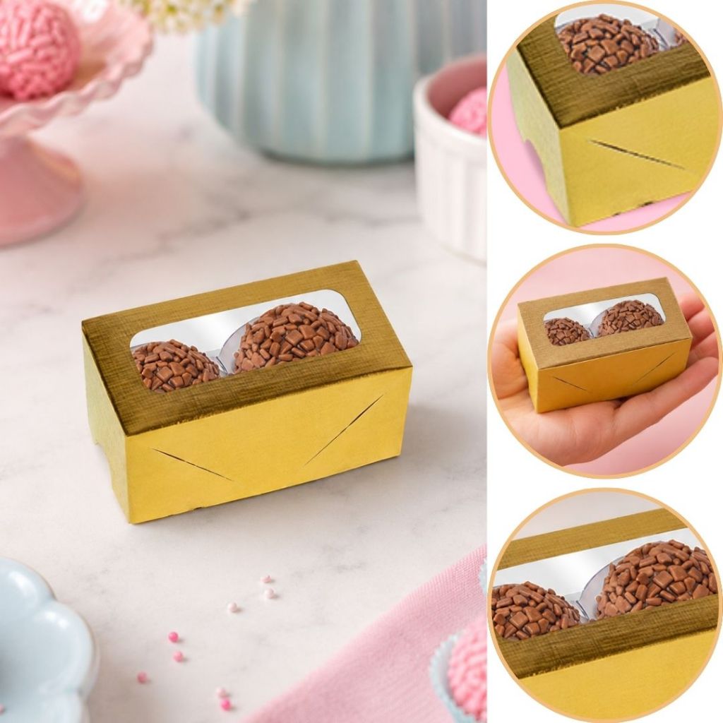10 CAIXA LAMINADA C/ VISOR (02 DOCES)  4x8x4 cm OURO 4667 (IDEIA LAMINADA) (CHOCO)