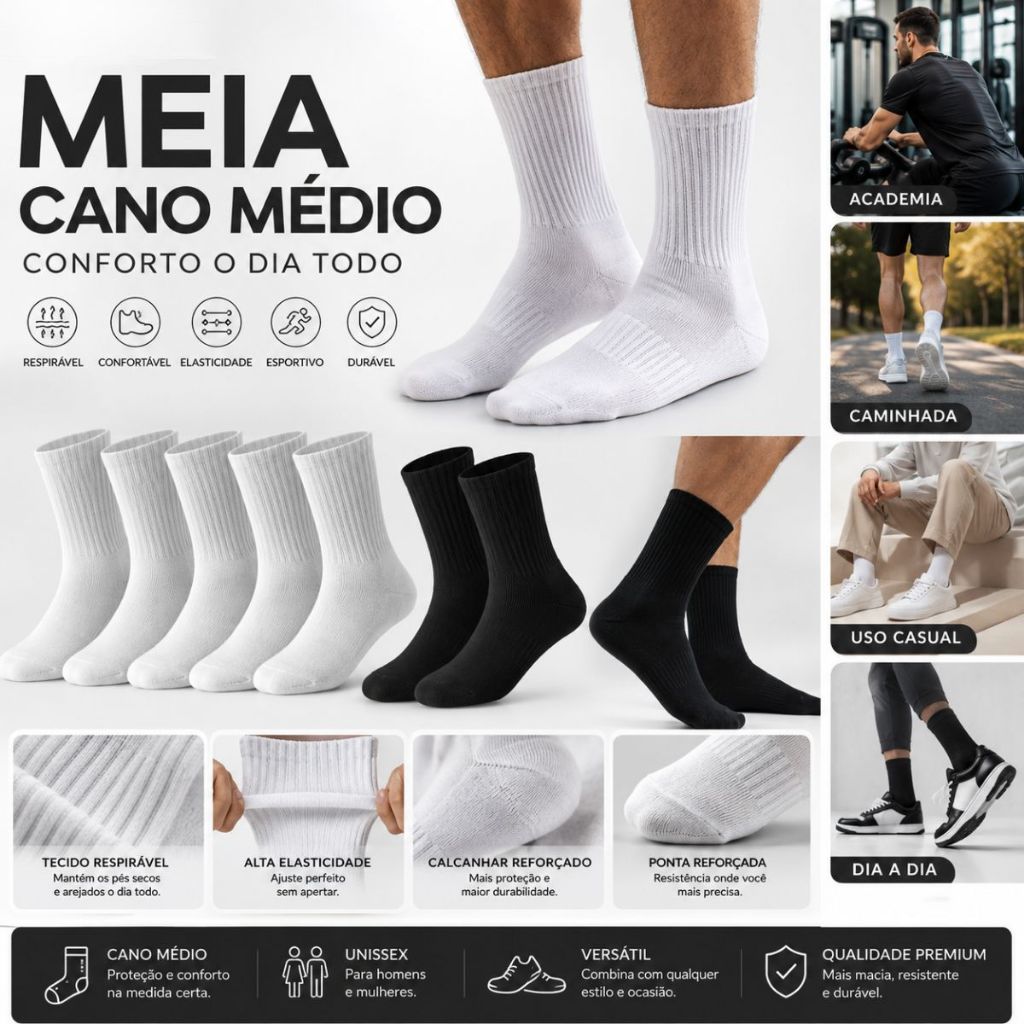 Kit 3/6/12 Pares Meia Cano Medio Masculino e Feminino Original Casual Confortável Envio imediato