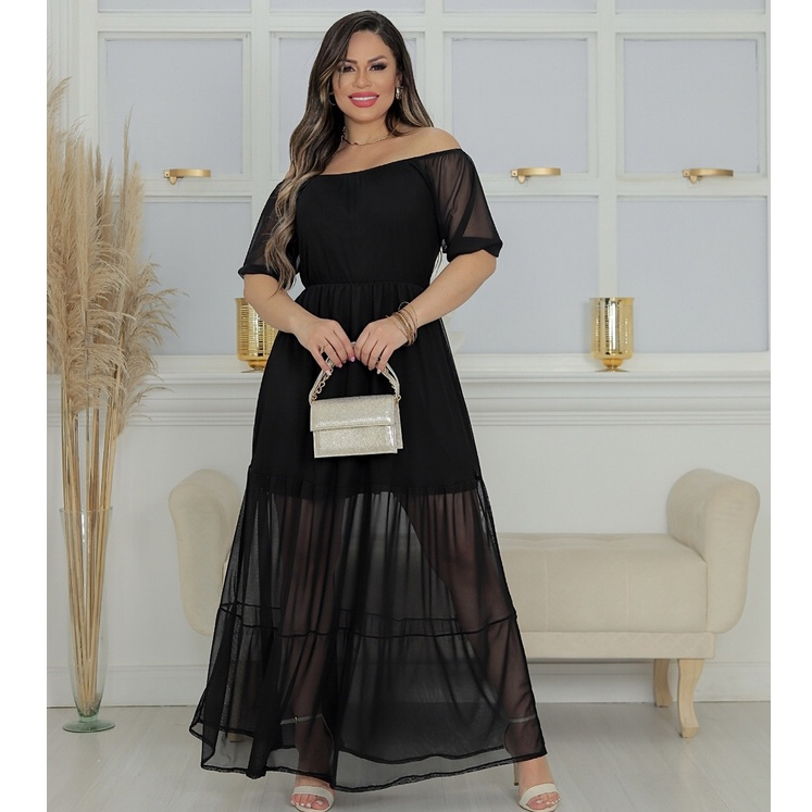 Vestido Longo de Tule Ombro a Ombro Três Marias Moda Evangélica Elegante