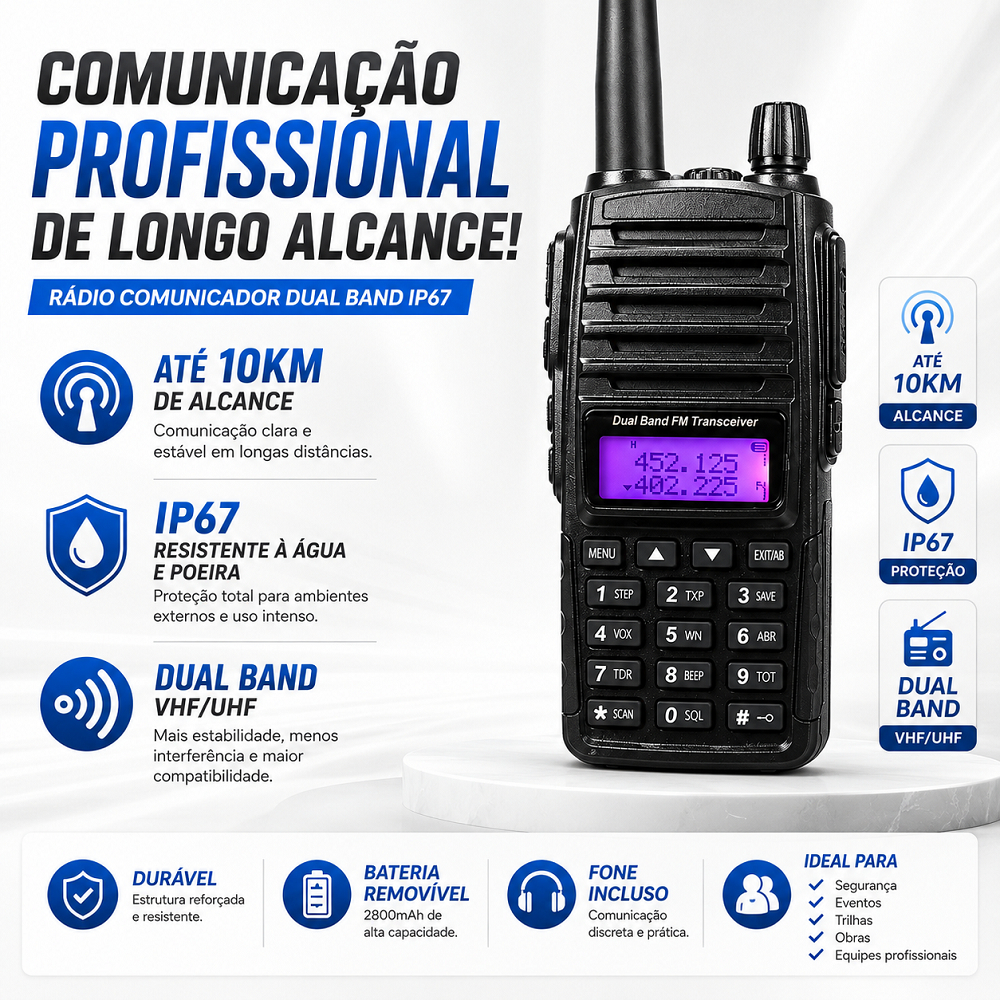 Rádio Walk Talk Comunicador Dual Band IP67 10KM Profissional Bateria Removível Fone Antena Longo Alcance VHF