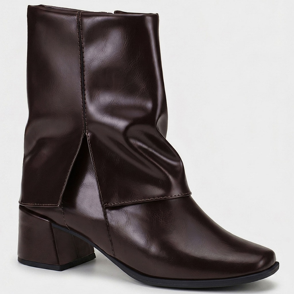 Bota Salto Shekinah Bico Quadrado Capa Gola Virada Ziper Marrom