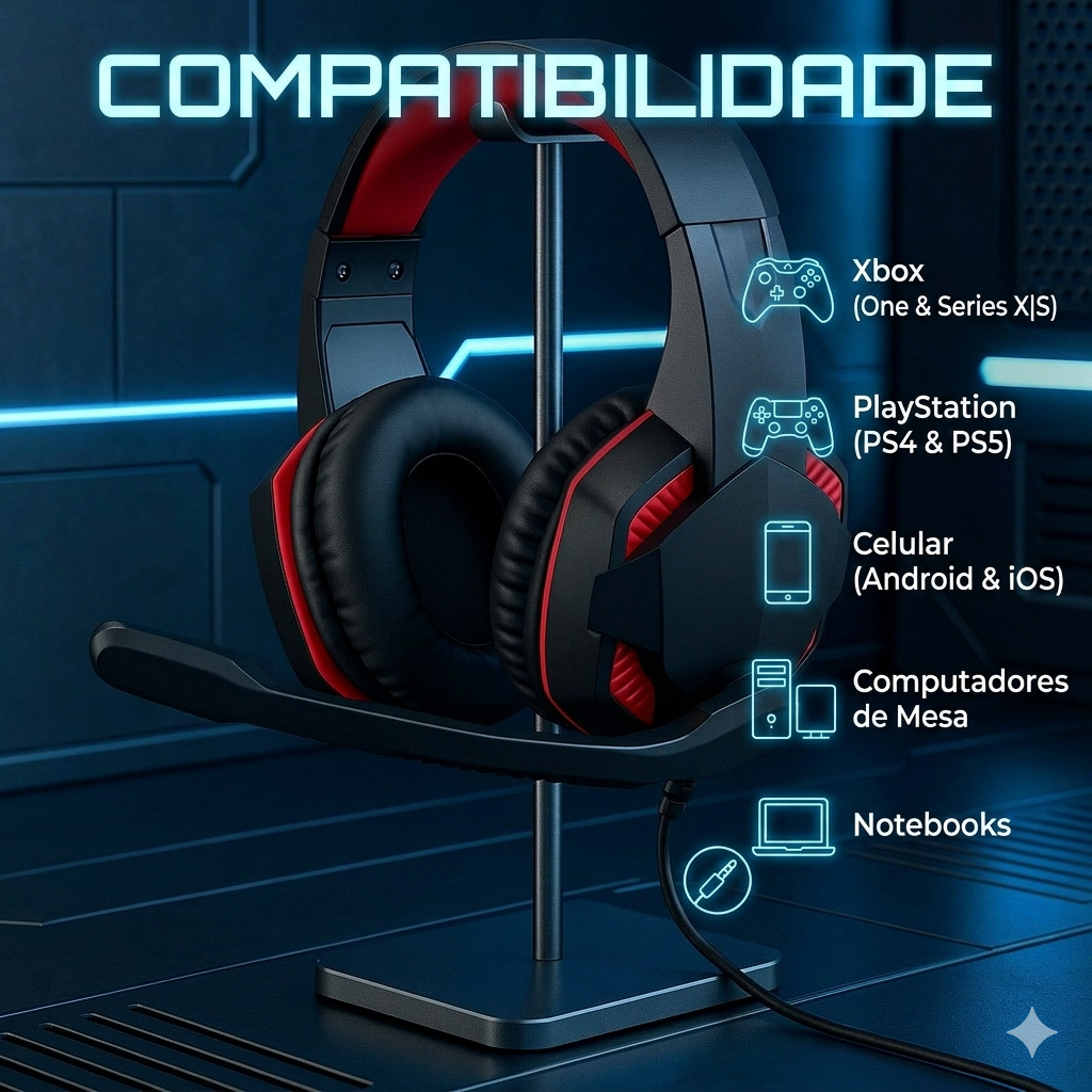 Fone Headset Gamer RGB KA-9008 com Microfone para PS5 Xbox PC e Notebook