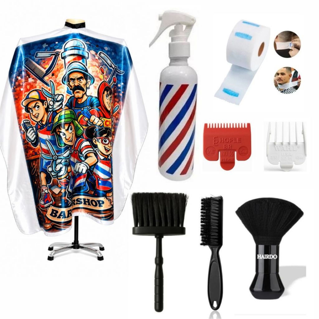 Kit Barbeiro Completo Capa Estampada + Acessórios Profissionalcapa estampada, kit salão, borrifador barbeiro, escova
