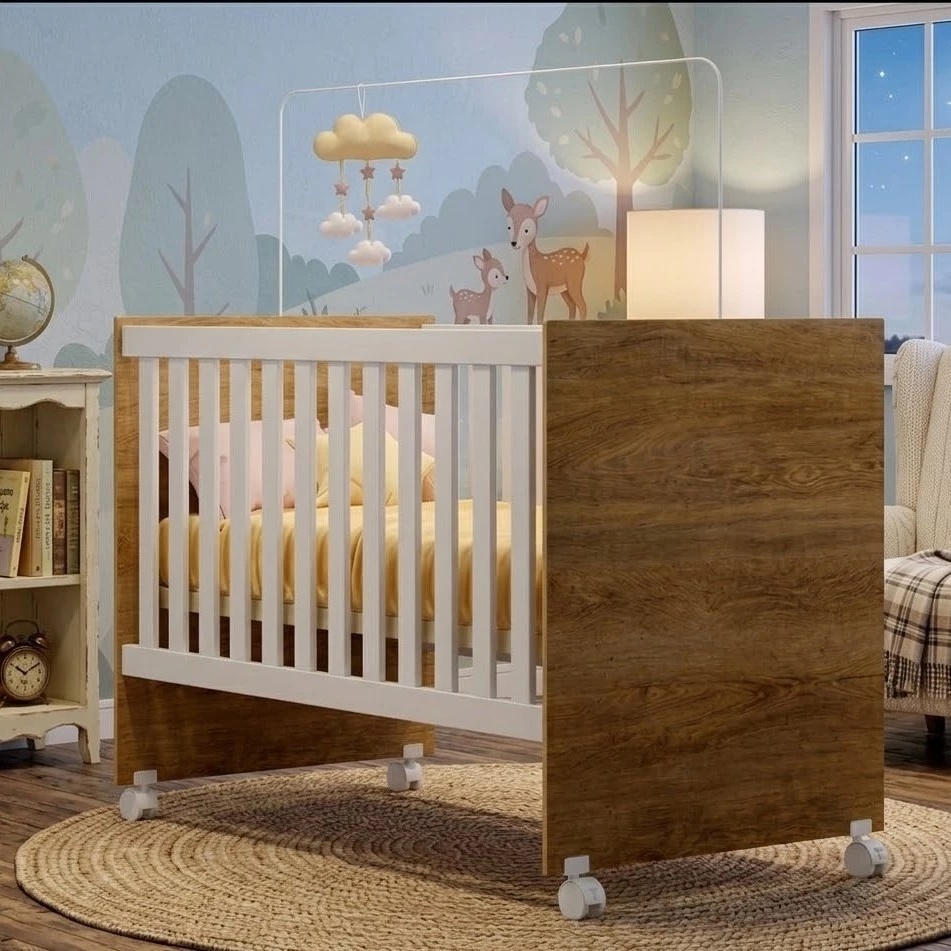 Berço Americano Life 120x60 Suporte Mosquiteiro Rodízios Compacto Quarto Bebê MDF Incluso Colchão