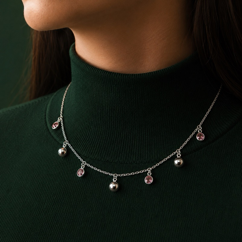 Choker Pedras Rose e Lisa em Prata 925 Delicada e Sofisticada