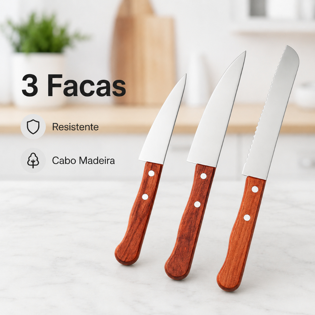 KIT Jogo 3 Facas Alimento Geral AÇO INOX: P/ Cozinha, Restaurante, Bar, Pizzaria