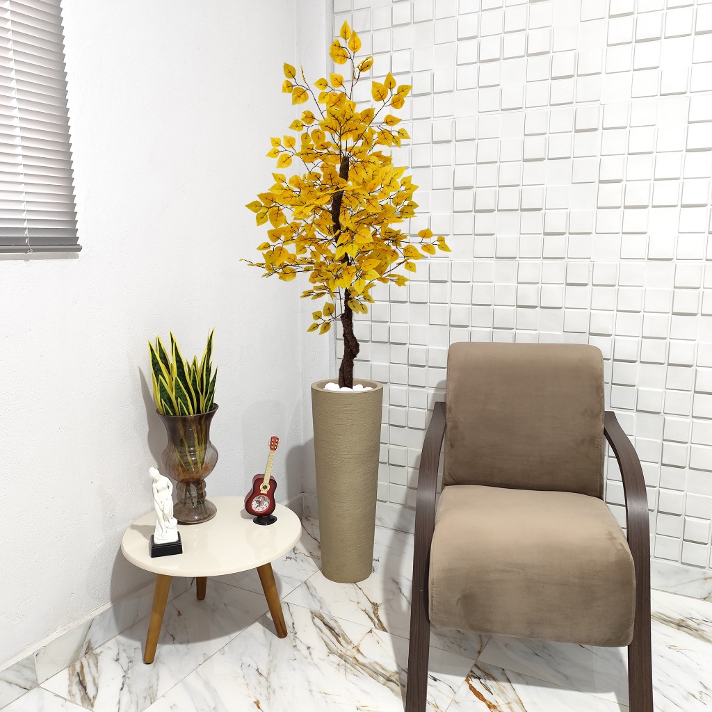 Arranjo Artificial Fícus Amarelo Vaso Grafiato Mármore Pedra 150cm