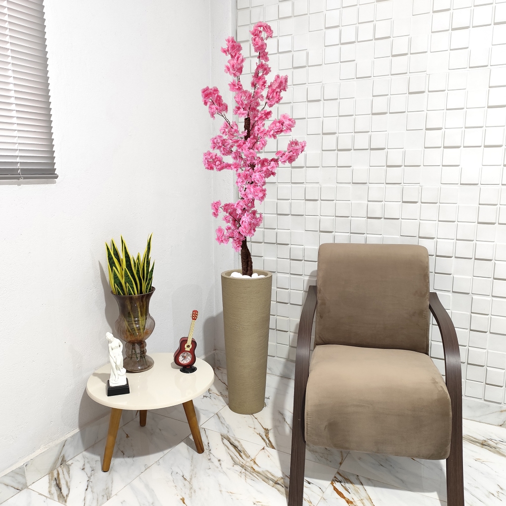 Arranjo Artificial Cerejeira Japonesa Rosa 150cm Vaso Grafiato Mármore Pedra