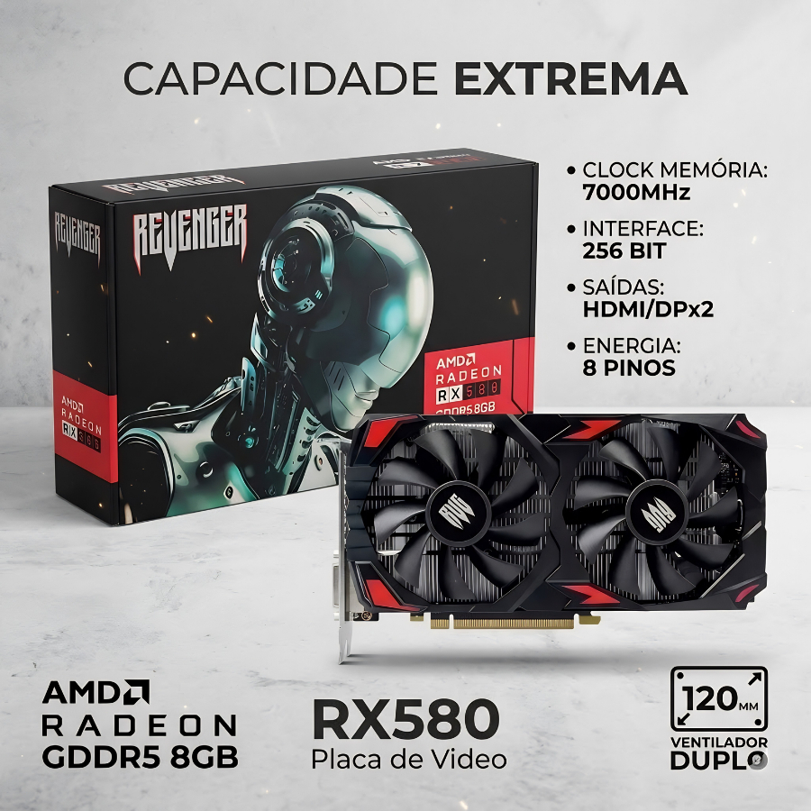 Placa De Vídeo Gamer AMD RADEON Rx 580 8GB GDDR5 HDMI/DP x2 8 Pinos Microsoft DirectX 12 OpenGL 4.6 Suporta Até 3 Monito