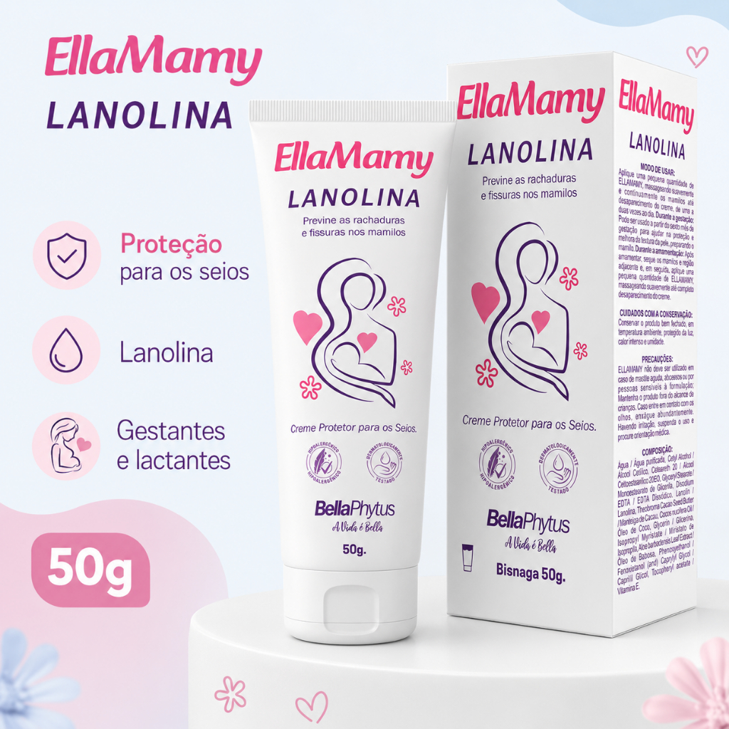 Lanolina EllaMamy 50g Creme Amamentação Hidratante Protetor Seios Mamilos Rachaduras Cuidados Mulher