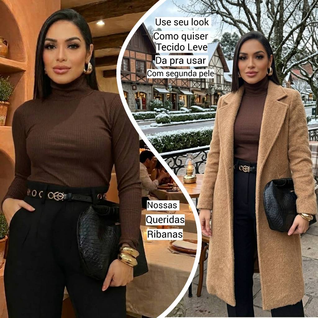 Blusa Cacharrel Feminina Malha Ribana Gola Alta Manga Longa Básica Outono - Inverno
