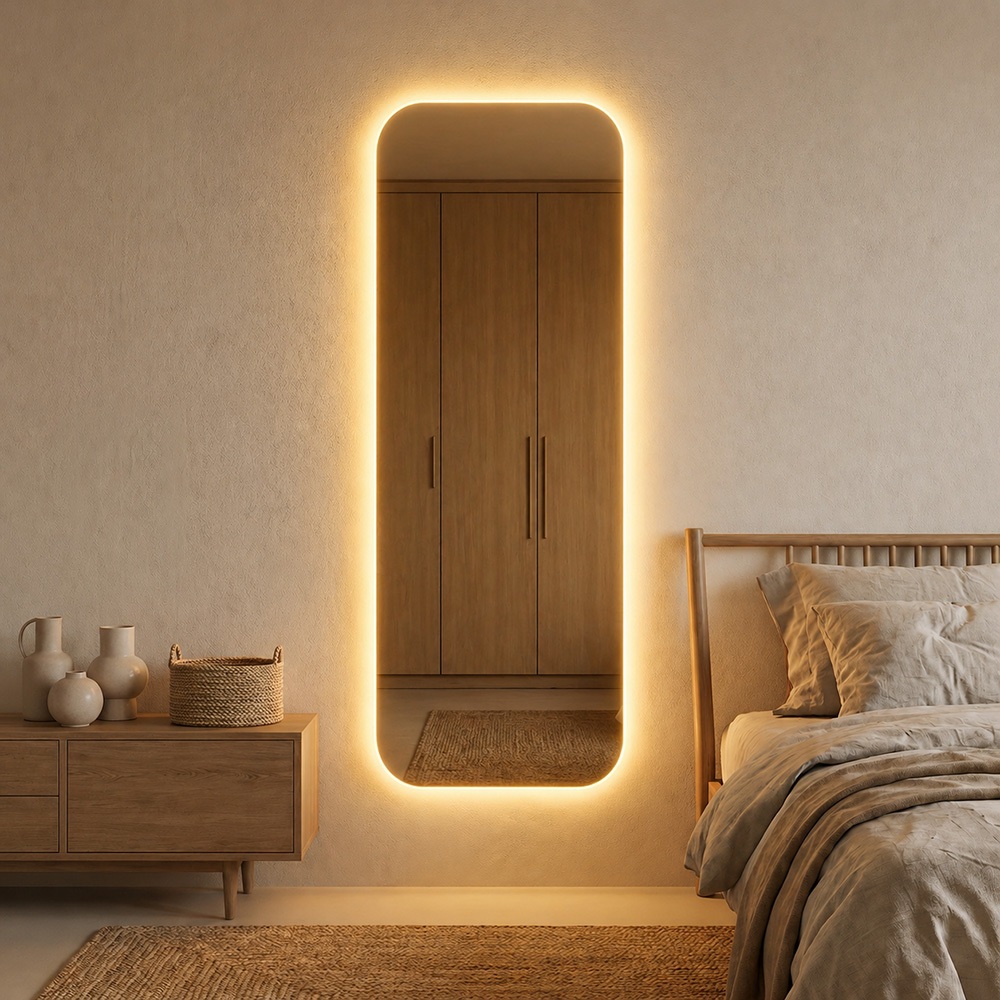 Espelho Retangular Led Amarelo Corpo Inteiro 110x30cm Decorativo Lapidado Sala, Quarto, Banheiro