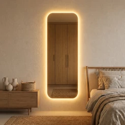 Espelho Retangular Led Amarelo Corpo Inteiro 110x30cm Decorativo Lapidado Sala, Quarto, Banheiro