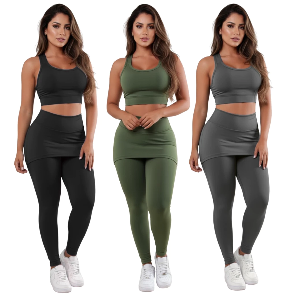 Kit 3 Conjuntos Calça Legging Saia Tapa Bumbum Roupas Femininas De Academia A15 — imagem 1