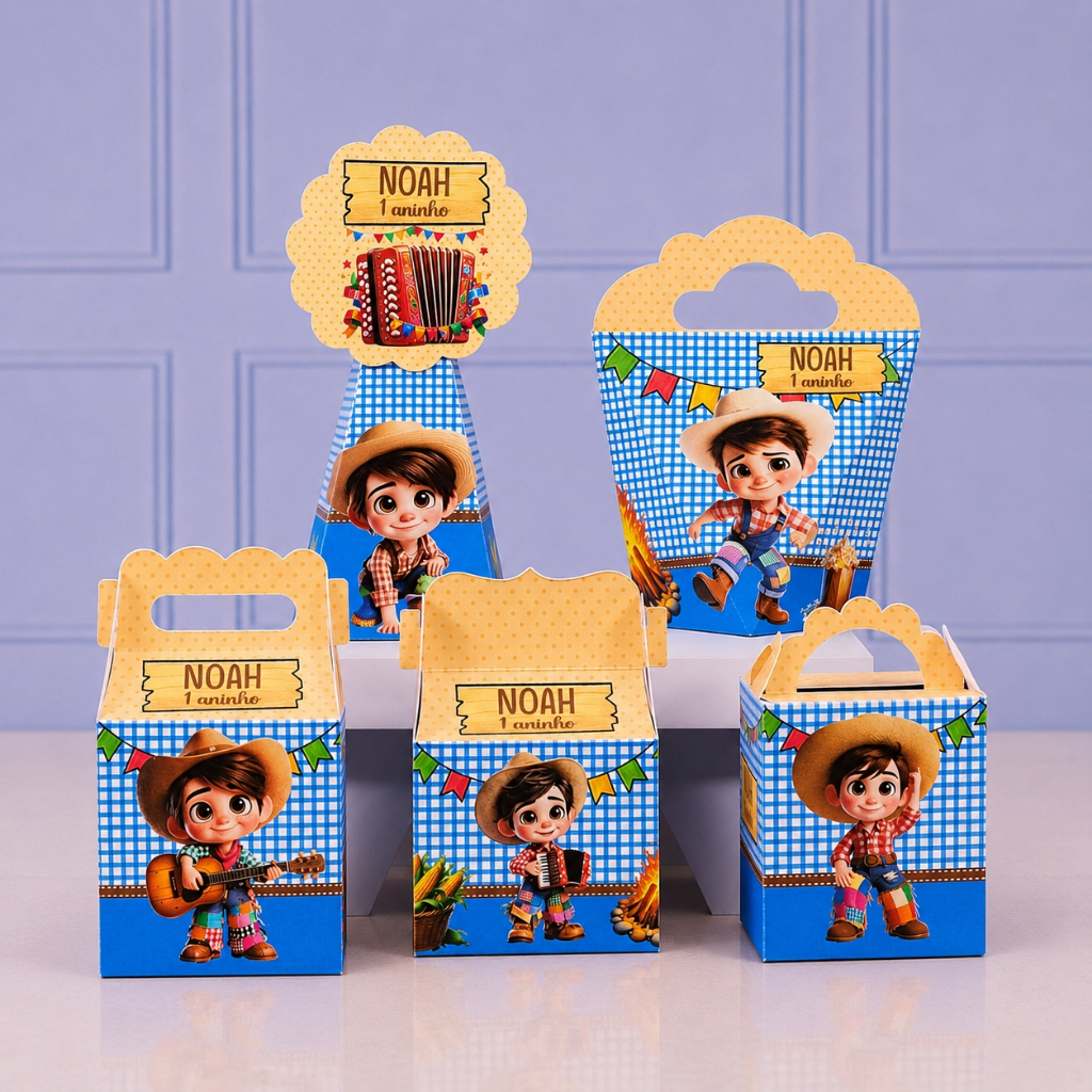 Kit Caixinhas Papelaria Personalizada Festa Junina 2 Lembrancinha Surpresa Aniversário Festa Infantil Desmontado