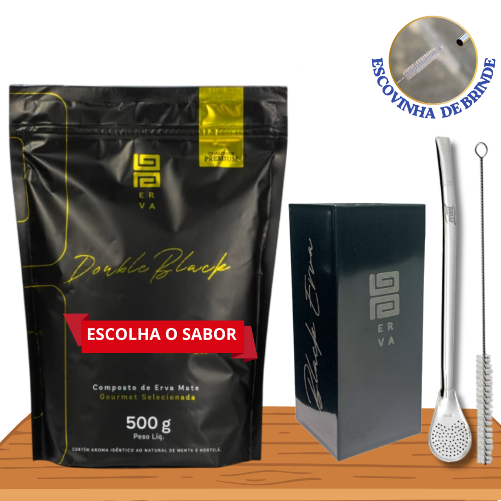 KIT TERERÉ BLACK  Erva Mate 500g Sabores + Copo Acrilico Quadrado + Bomba de Tereré c/ Escova de Limpeza + Adesivo
