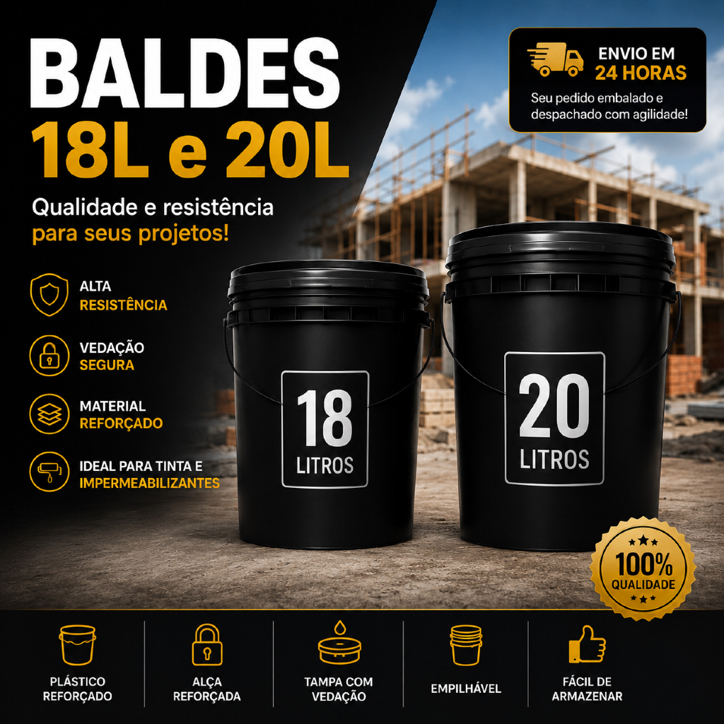 Balde Preto Liso Multiuso 18Litros e 20 Litros - Com Tampa e Alça Reforçada Para Água Limpeza Obra
