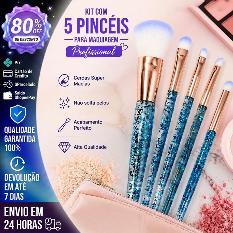Kit 5 Pincéis para Maquiagem  Produto de excelente qualidade, com Cerdas Sintéticas Super macias