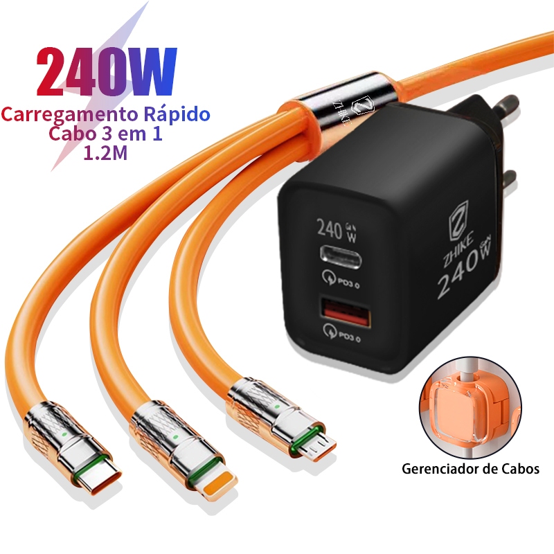 Carregador Cabo Carregamento Rápido 3 em 1 USB-A Para Tipo C V8 Micro USB 1.2M Silicone Cabo Com GaN Adaptador