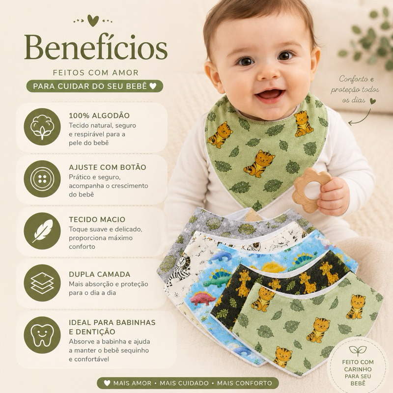 Kit 5 Babadores Bandana Atoalhados para Bebê com Ajuste – Macios e Absorventes — imagem 2 de 2