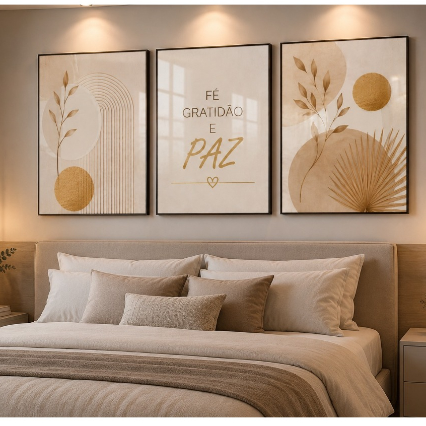 Kit 3 Quadro Decorativos Fé Gratidão e Paz Boho Prosperidade Bege Moderno Para Quarto Sala Hall Luxo