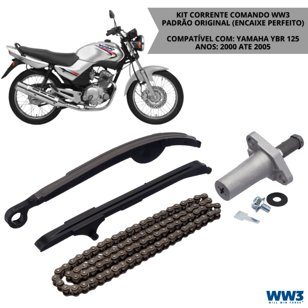 Corrente Comando YBR 125 Factor Kit Completo 4 Peças 2000 a 2005 Tensor Guia Acionador Compatível Yamaha WW3