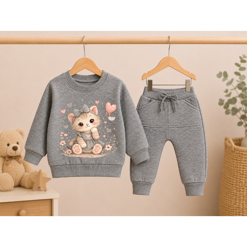 Conjunto De Moletom Cinza Mescla Infantil Gatinho - Tamanhos De 0 a 12 Meses — imagem 2 de 2