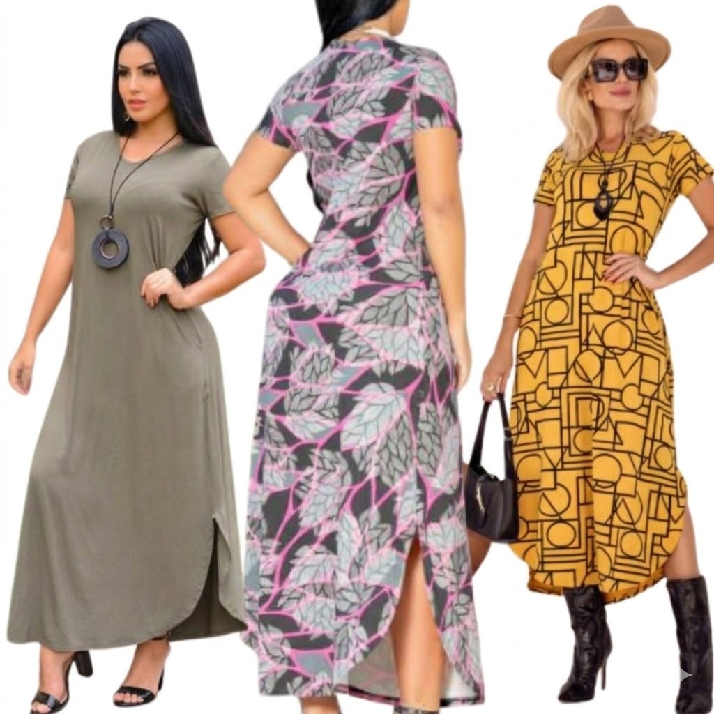 Vestido Longo Estampado moda feminina moderno leve casual elegante confortável com bolso estiloso chic versátil