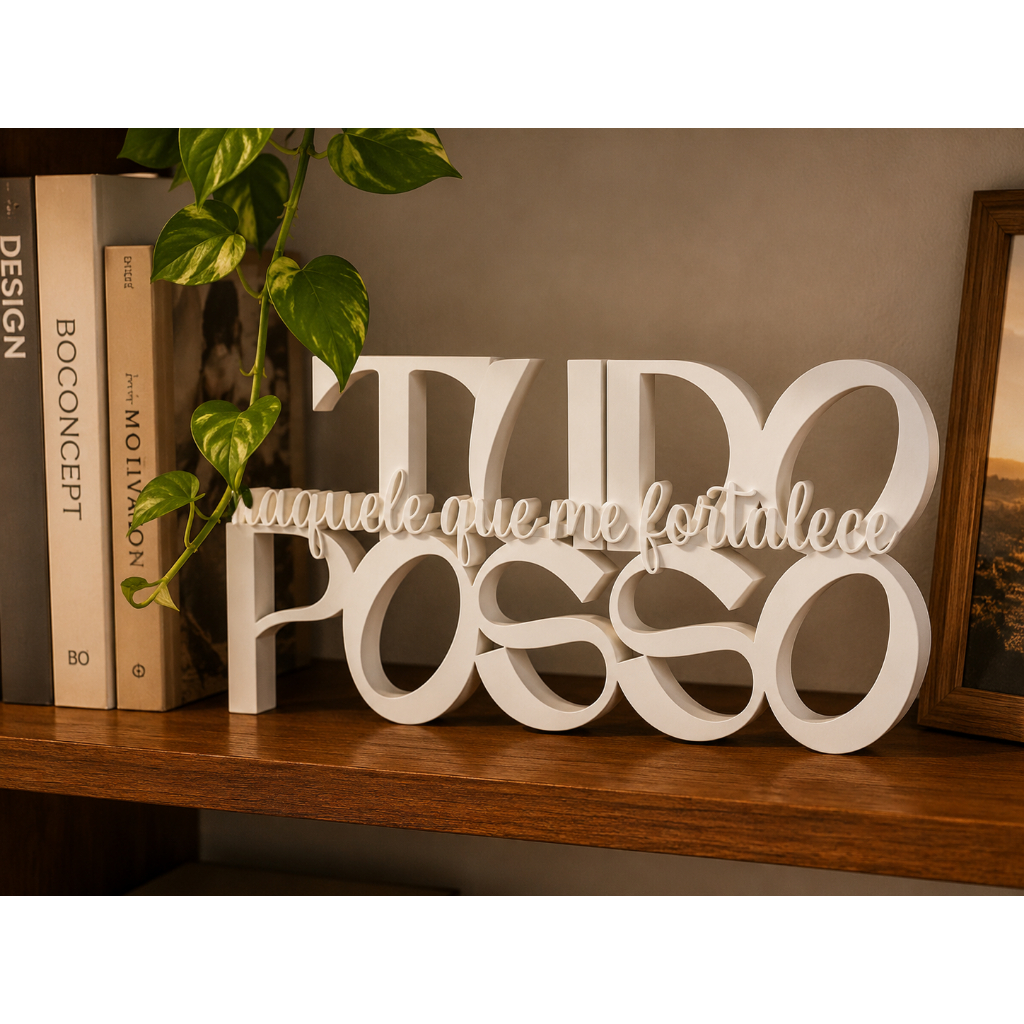 Decoração Cristã Tudo Posso Naquele Que Me Fortalece | Enfeite de Mesa Gospel Preto | Decoração Evangélica Moderna