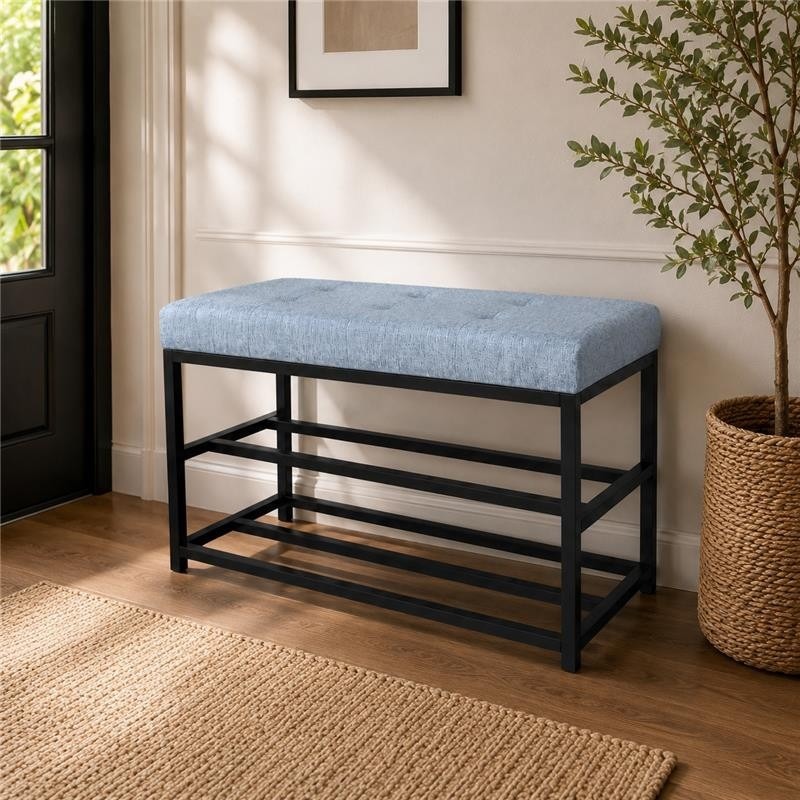 Banco Sapateira 70cm Banco Estofado Tecido Linho Capitone Cinza Luxo 6 Pares Tela Decorativo