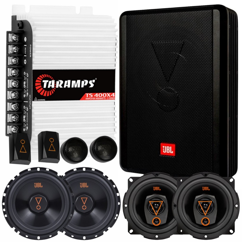 Kit Caixa JBL SW8A-MS 200W + 4 Alto Falantes JBL 6 e 5 pol 62VMS80 5TRMS80 160W + Módulo TS400 400W